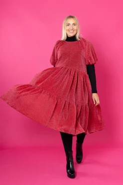 Lush Dress Puhvihihoilla - Glitter Punainen M/L