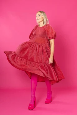 Lush Dress Puhvihihoilla - Glitter Punainen M/L