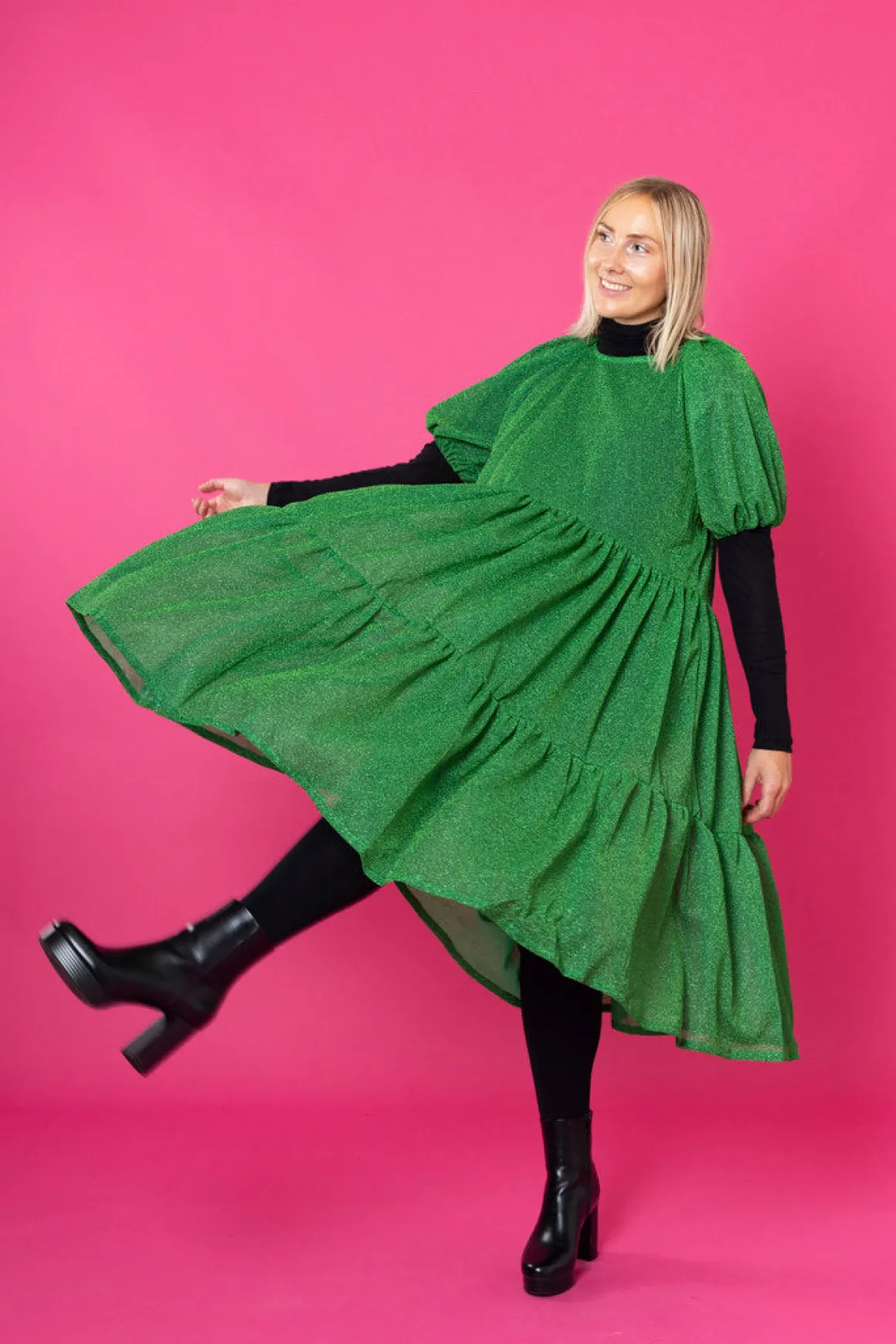 Lush Dress Puhvihihoilla - Glitter Vihreä M/L