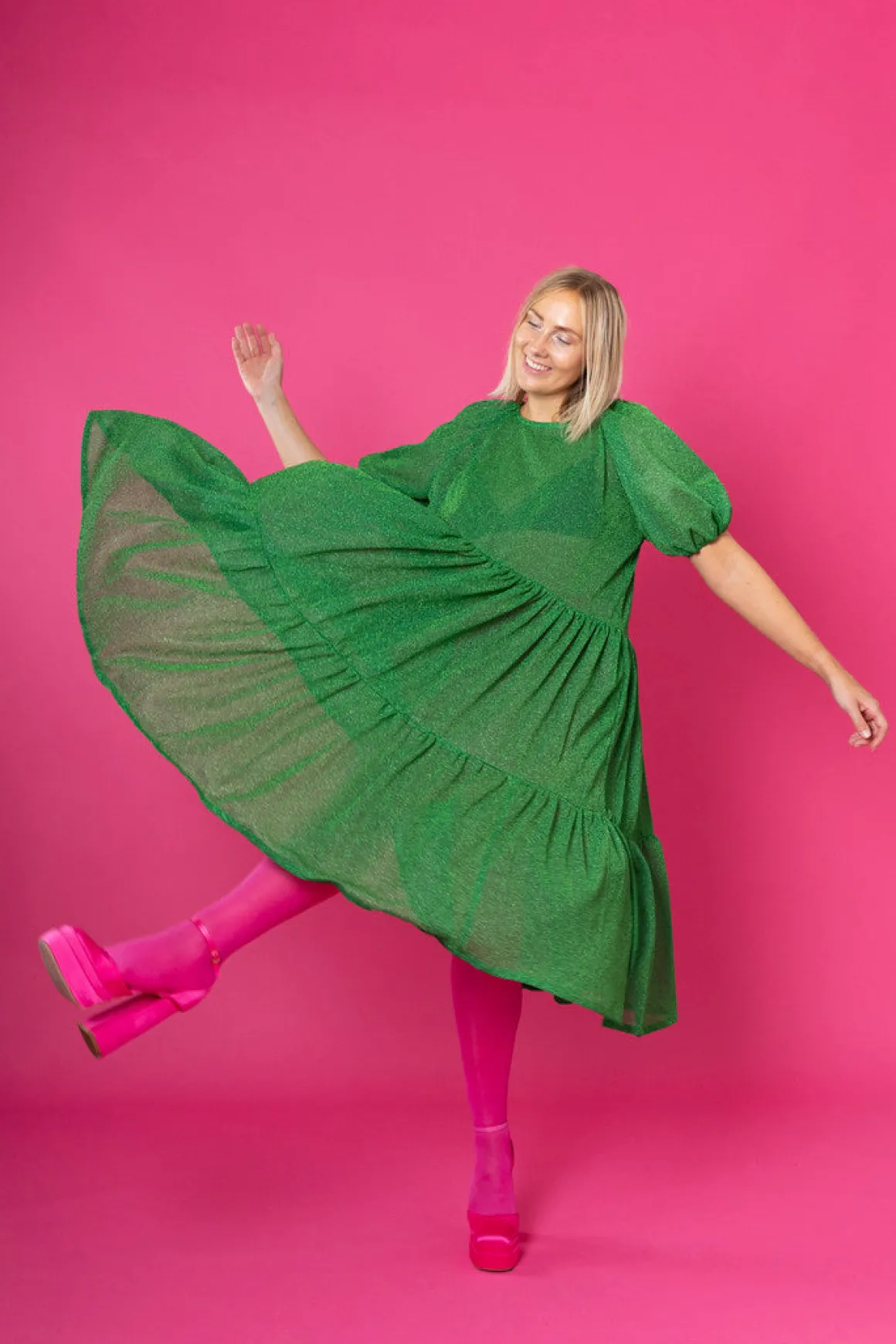 Lush Dress Puhvihihoilla - Glitter Vihreä M/L