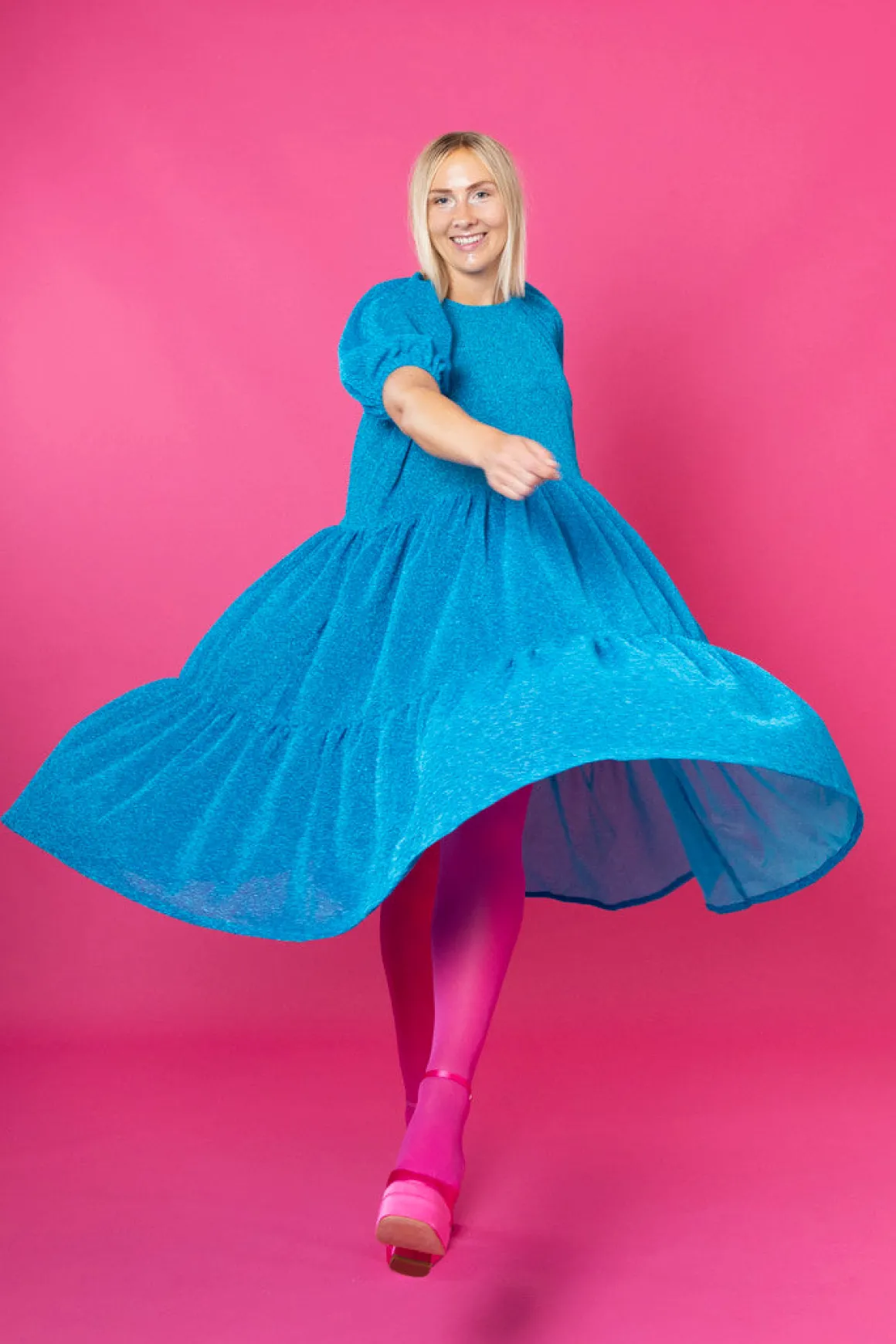 Lush Dress Puhvihihoilla - Glitter Turkoosi M/L