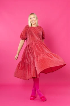Lush Dress Puhvihihoilla - Glitter Punainen M/L