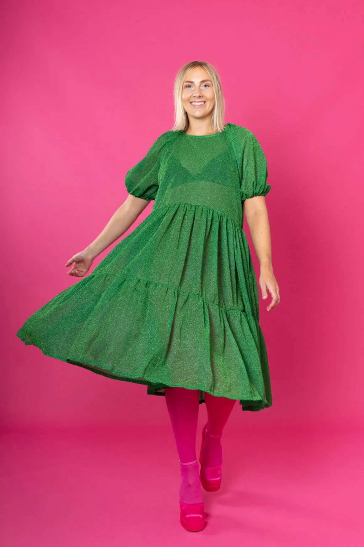 Lush Dress Puhvihihoilla - Glitter Vihreä M/L