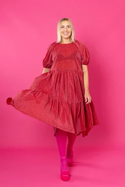 Lush Dress Puhvihihoilla - Glitter Punainen M/L